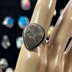 Dendrictic agate gemstone ring handmade silver plated, 925 stamped size 9